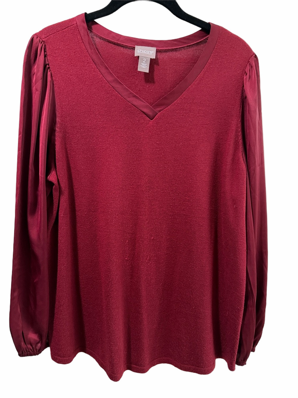 Chico's Size 2/Womens 12 V-Neck with satin Long Sleeve Top — Wine